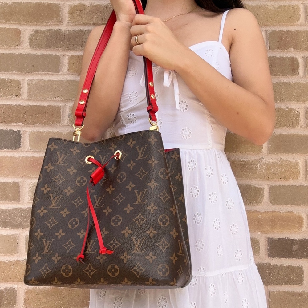 Louis Vuitton Brown Monogram Red Neonoe Bukcet Bag Shoulder Tote - Picture 3 of 13